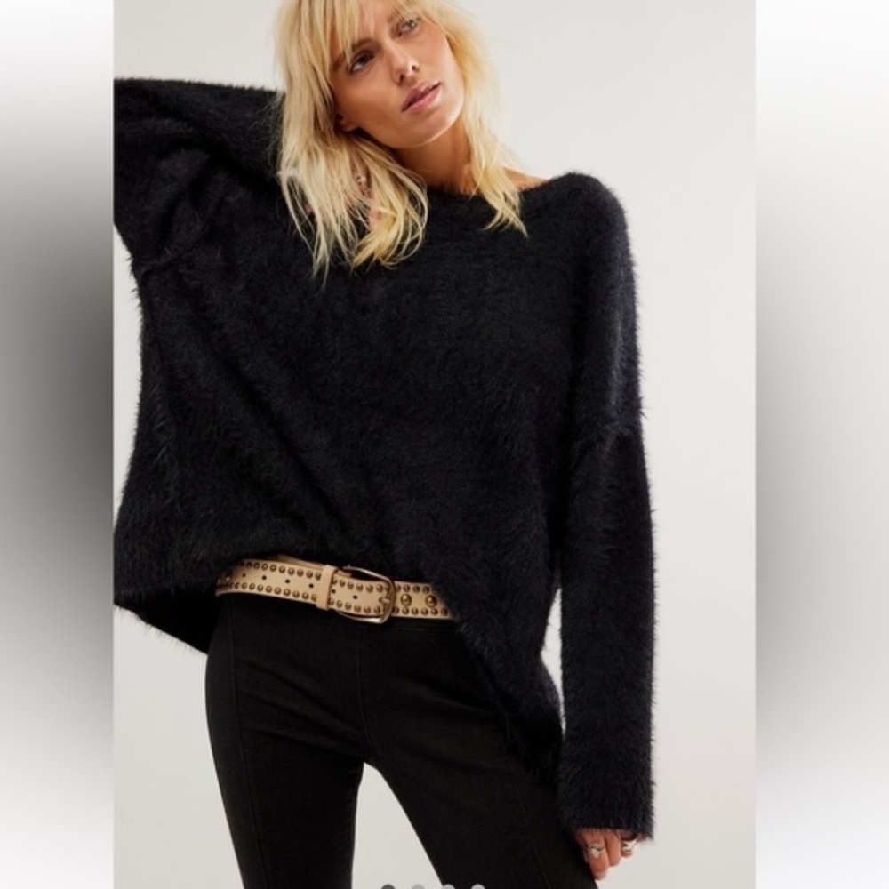 Free People Harrison Bunny fuzzy oversized Crew Sweater Black/ S